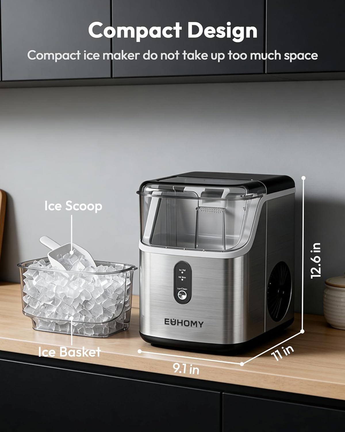 Countertop Nugget Ice Maker – 34 lbs/24H Pebble Ice Machine with Self-Cleaning Function, Scoop & Basket, Stainless Steel