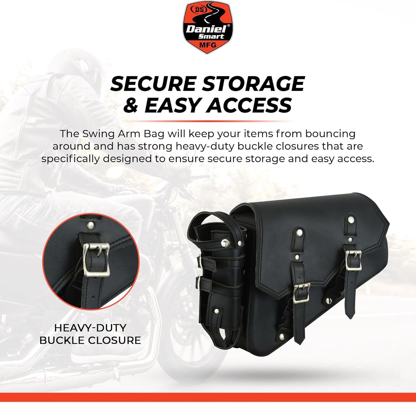 Black Leather Motorcycle Swingarm Bag with Bottle Holder & Utility Holster – Universal Fit