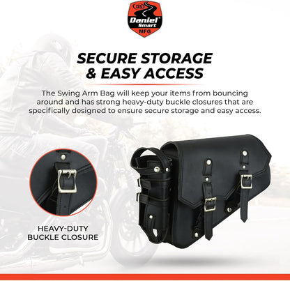 Black Leather Motorcycle Swingarm Bag with Bottle Holder & Utility Holster – Universal Fit