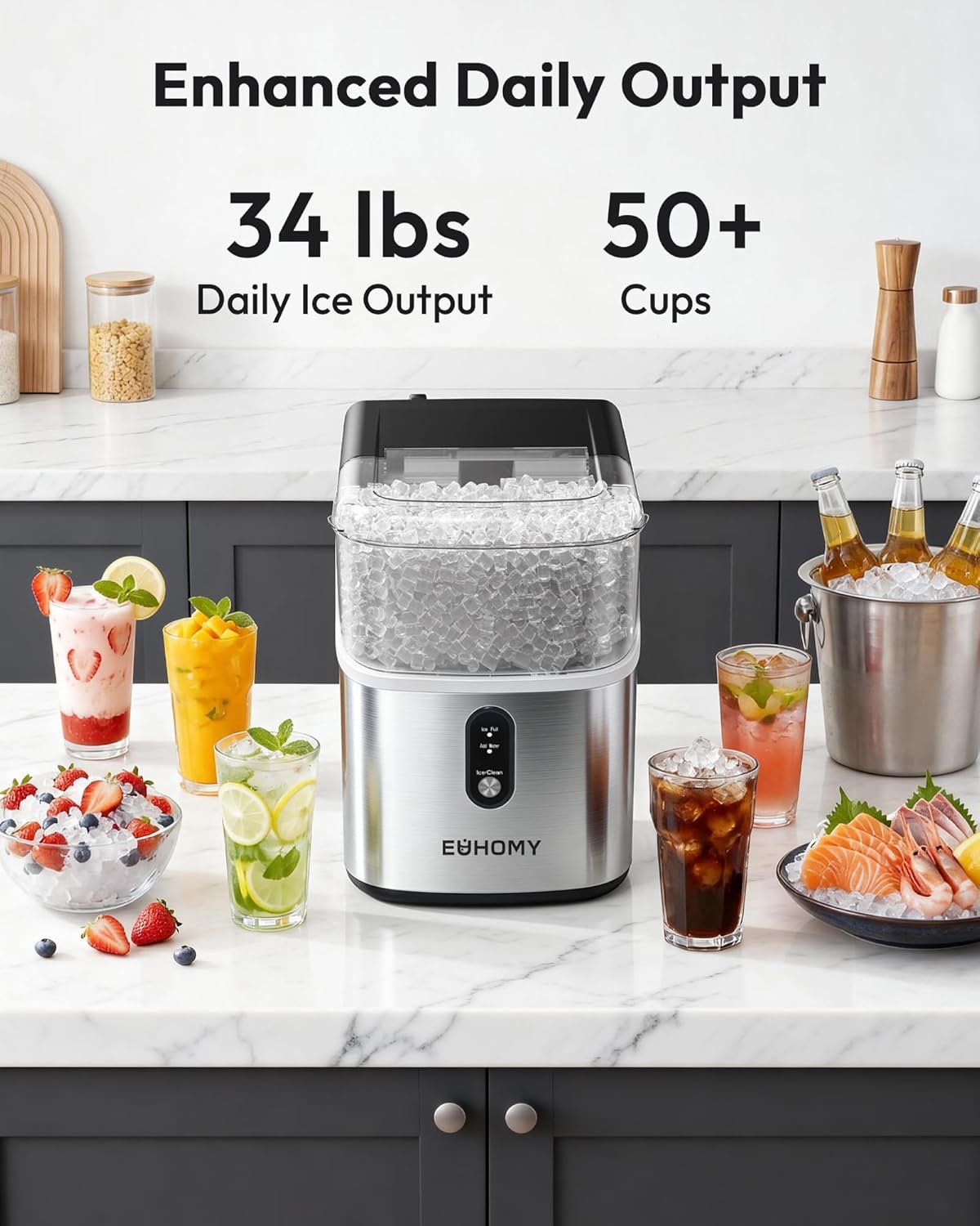 Countertop Nugget Ice Maker – 34 lbs/24H Pebble Ice Machine with Self-Cleaning Function, Scoop & Basket, Stainless Steel