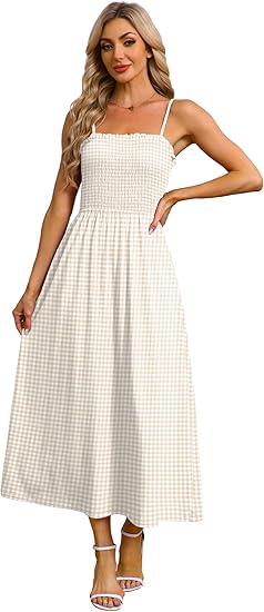 Womens Spaghetti Strap Maxi Dresses Smocked with Pockets 2026 Summer Spring Casual Boho Beach Long Sundresses