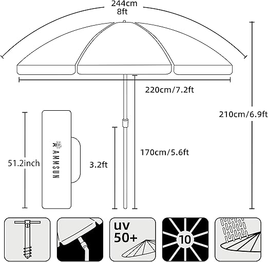 AMMSUN 8 Feet Large Beach Umbrella with Sand Anchor Heavy Duty High Wind Portable Outdoor Umbrellas UV 50+ Protection Air Vent Tilt Patio Garden Pool