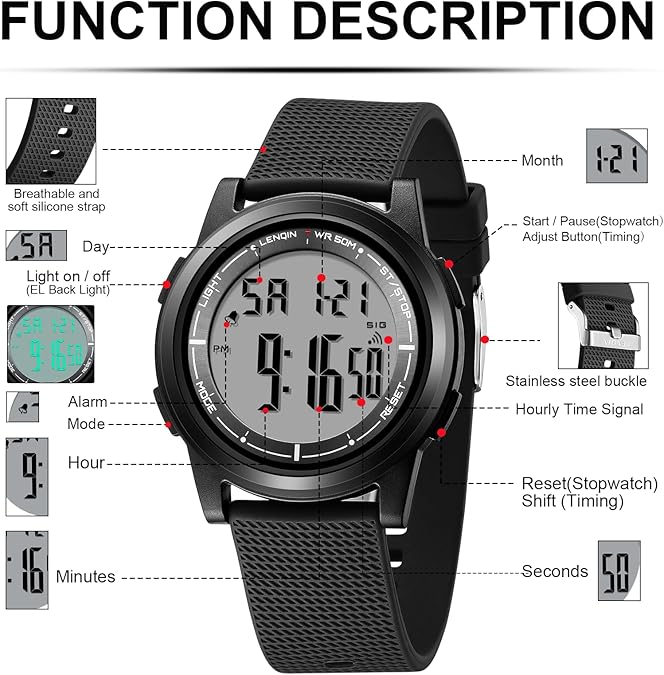 Mens Digital Watch Ultra Thin Minimalist Sports Waterproof Outdoor LED Screen Large Face Wrist Watches for Men