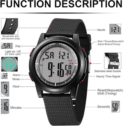 Mens Digital Watch Ultra Thin Minimalist Sports Waterproof Outdoor LED Screen Large Face Wrist Watches for Men