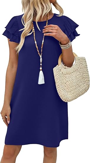 Womens Summer Dresses 2026 Ruffle Sleeve Round Neck Loose Swing Sundresses