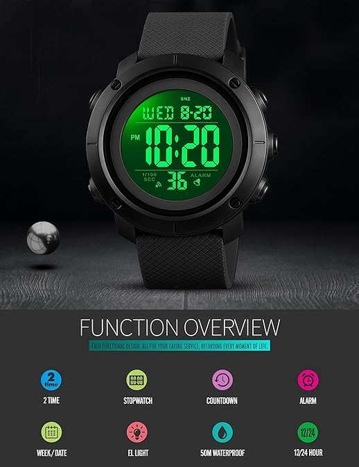 Digital Watch Sports Waterproof Military Back Light Small Watch for Men Black 1426