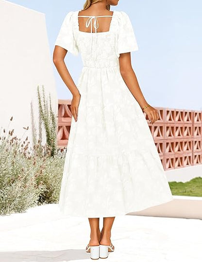 Women‘s Summer Boho Floral Midi Dress 2026 Casual Short Sleeve Square Neck Flowy Beach Vacation Long Dress