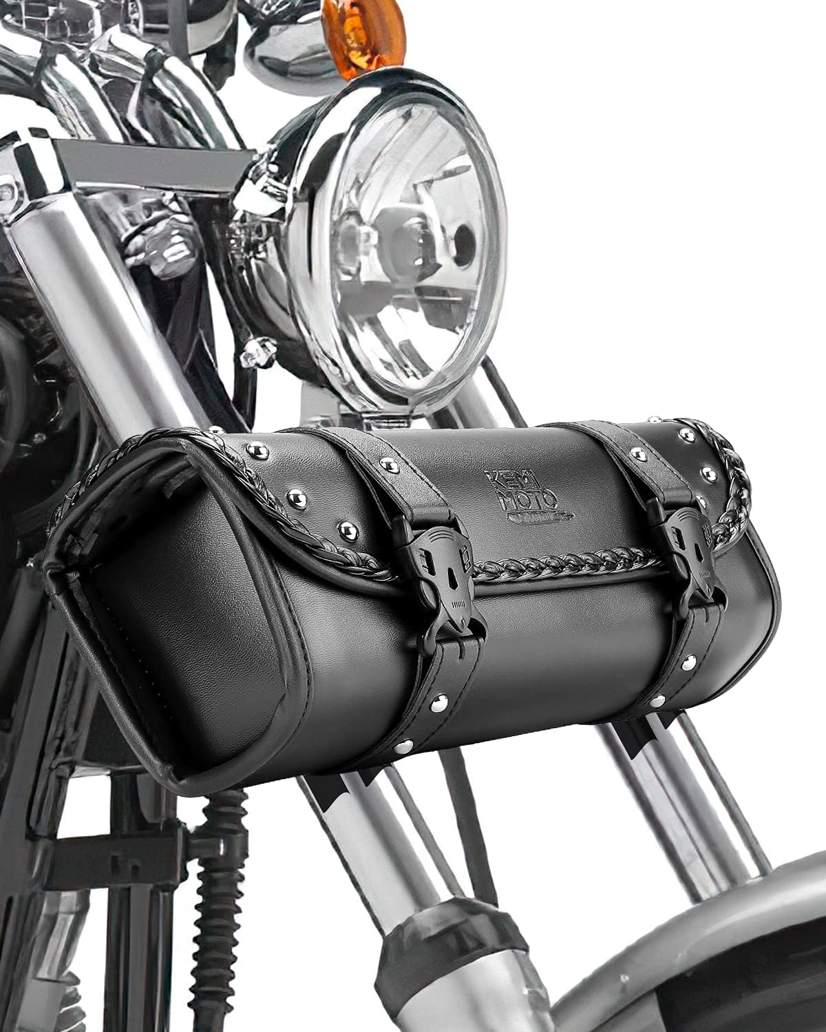 Universal PU Leather Motorcycle Fork Tool Bag – Roll Bag for Front Fork, Handlebar & Sissy Bar Storage