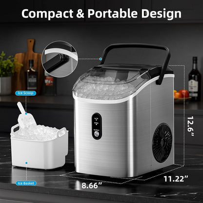 Countertop Nugget Ice Maker – Portable Pebble Ice Machine with Basket, Scoop & Auto-Cleaning, Stainless Steel Silver
