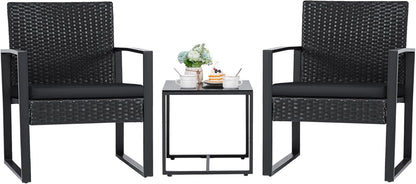 Flamaker 3 Pieces Outdoor Patio Wicker Furniture Set, Modern Rattan Chair Conversation Sets with Coffee Table for Yard and Bistro (Black)