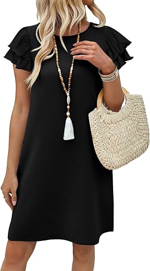 Womens Summer Dresses 2026 Ruffle Sleeve Round Neck Loose Swing Sundresses