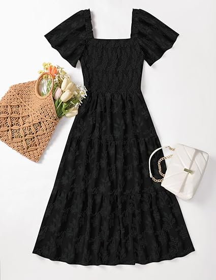 Women‘s Summer Boho Floral Midi Dress 2026 Casual Short Sleeve Square Neck Flowy Beach Vacation Long Dress
