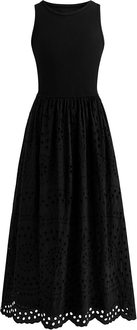 Women Summer Dresses 2026 Casual Sleeveless Crewneck A-Line Boho Lace Eyelet Cotton Tank Maxi Dress with Pockets