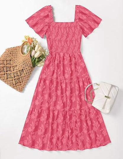 Women‘s Summer Boho Floral Midi Dress 2026 Casual Short Sleeve Square Neck Flowy Beach Vacation Long Dress