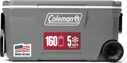 Coleman Classic Series Insulated Portable Rolling Cooler with Wheels, Leak-Resistant Outdoor Hard Cooler Keeps Ice up to 5 Days, 100-Quart