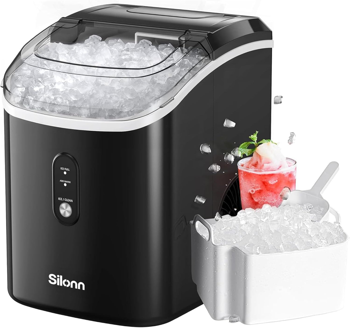 Countertop Nugget Ice Maker – 33 lbs/24H Portable Pellet Ice Machine with Self-Cleaning Function, Black