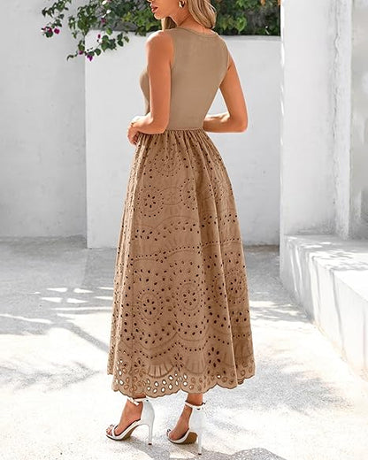 Women Summer Dresses 2026 Casual Sleeveless Crewneck A-Line Boho Lace Eyelet Cotton Tank Maxi Dress with Pockets