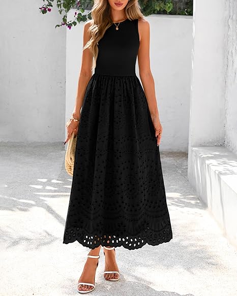 Women Summer Dresses 2026 Casual Sleeveless Crewneck A-Line Boho Lace Eyelet Cotton Tank Maxi Dress with Pockets