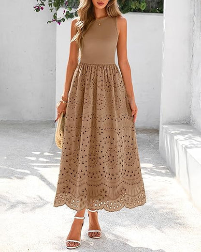 Women Summer Dresses 2026 Casual Sleeveless Crewneck A-Line Boho Lace Eyelet Cotton Tank Maxi Dress with Pockets