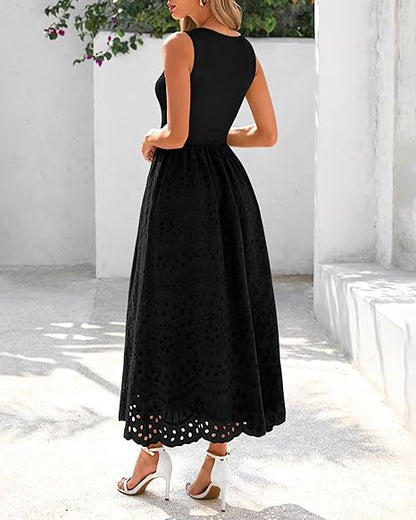 Women Summer Dresses 2026 Casual Sleeveless Crewneck A-Line Boho Lace Eyelet Cotton Tank Maxi Dress with Pockets