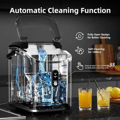 Countertop Nugget Ice Maker – Portable Pebble Ice Machine with Basket, Scoop & Auto-Cleaning, Stainless Steel Silver