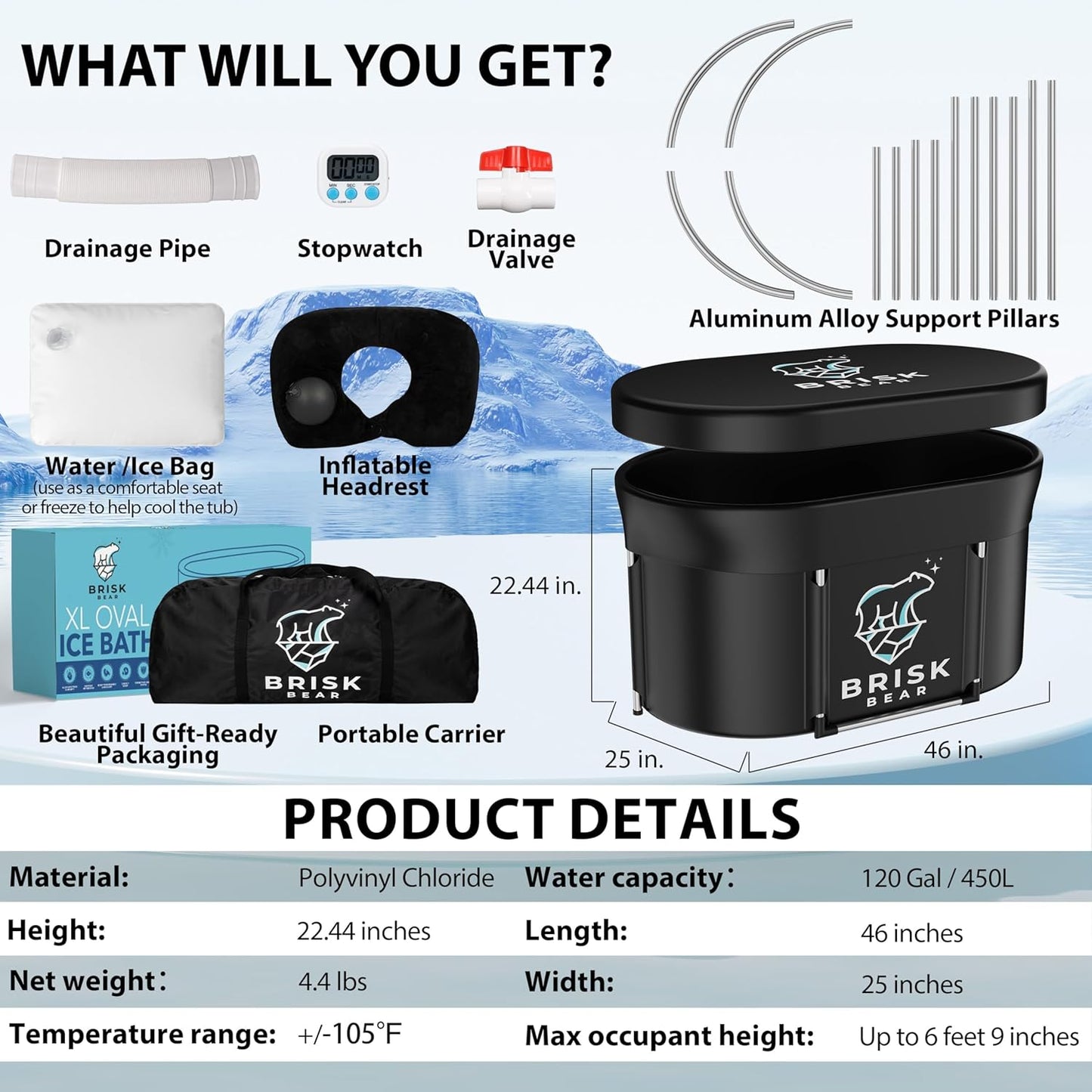 Brisk Bear XL Oval Ice Bath Tub – Extra-Large Cold Plunge for Athletes, Includes Cover, Digital Timer, Recovery & Muscle Soothing, Black