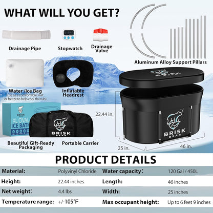 Brisk Bear XL Oval Ice Bath Tub – Extra-Large Cold Plunge for Athletes, Includes Cover, Digital Timer, Recovery & Muscle Soothing, Black