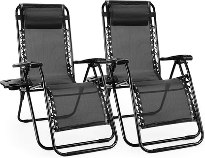 Sweetcrispy Set of 2 Zero Gravity Chairs – Portable Folding Recliners with Cup Holders & Adjustable Pillow, Outdoor Lounge for Pool, Garden, Lawn, Black
