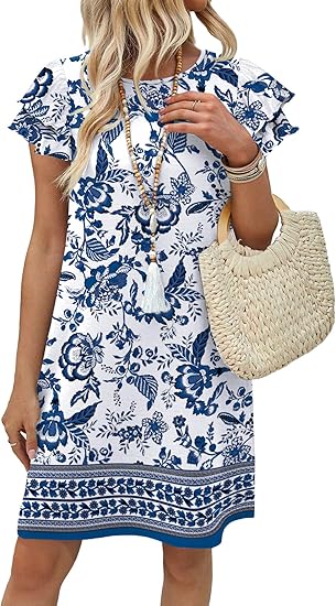 Womens Summer Dresses 2026 Ruffle Sleeve Round Neck Loose Swing Sundresses