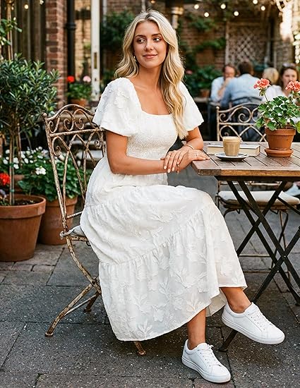 Women‘s Summer Boho Floral Midi Dress 2026 Casual Short Sleeve Square Neck Flowy Beach Vacation Long Dress
