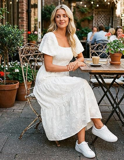 Women‘s Summer Boho Floral Midi Dress 2026 Casual Short Sleeve Square Neck Flowy Beach Vacation Long Dress