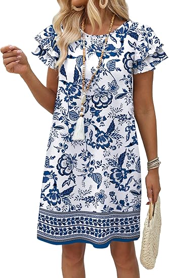 Womens Summer Dresses 2026 Ruffle Sleeve Round Neck Loose Swing Sundresses