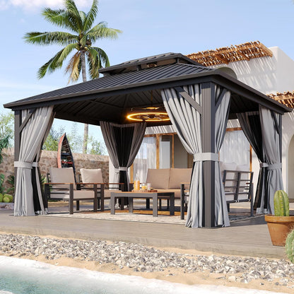 Hardtop Gazebo 10x12, Aluminum Frame Canopy with Double Galvanized Steel Roof, Outdoor Gazebo with Breathable Netting and Privacy Curtain for Backyard