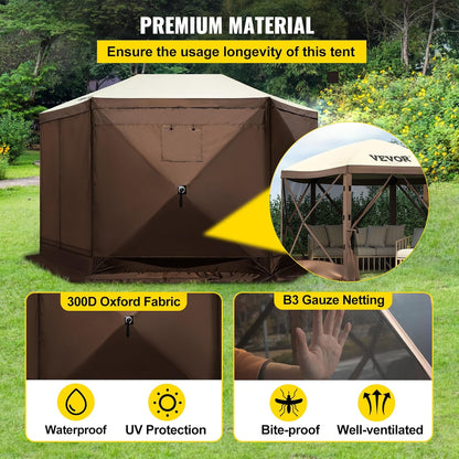 12 * 12ft 6 Sided Pop-up Canopy Shelter Tent with Mesh Windows, Portable Carry Bag, Stakes, Large Shade Tents for Outdoor Camping, Lawn and Backyard, Brown/Beige