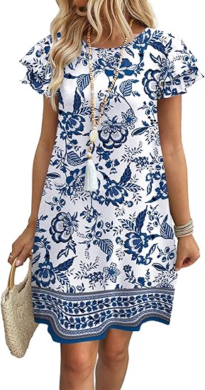 Womens Summer Dresses 2026 Ruffle Sleeve Round Neck Loose Swing Sundresses
