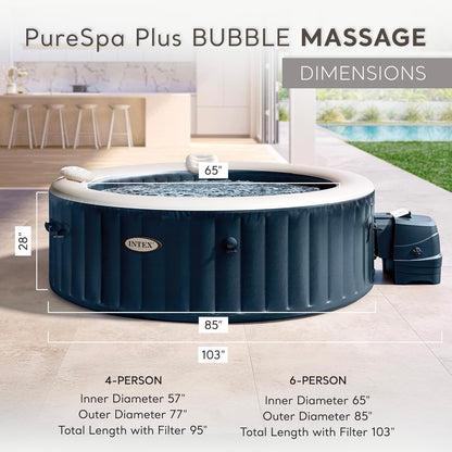INTEX PureSpa Plus Bubble Massage 6-Person Inflatable Spa – 85"x28", Energy-Efficient Cover, 2 Headrests, LED Light