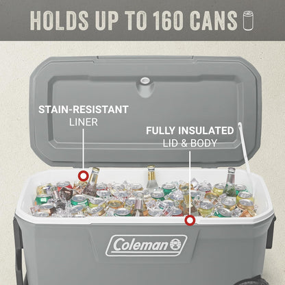 Coleman Classic Series Insulated Portable Rolling Cooler with Wheels, Leak-Resistant Outdoor Hard Cooler Keeps Ice up to 5 Days, 100-Quart