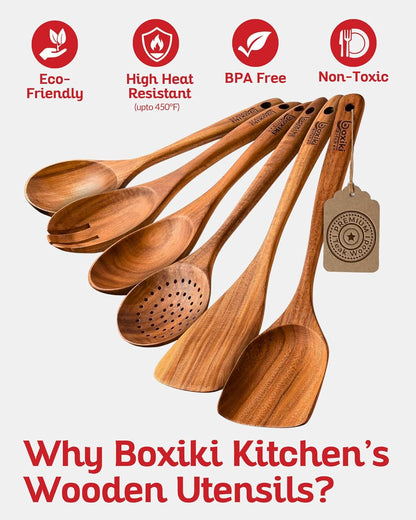 Luxury Teak Wood 6-Piece Utensil Set – Spoons, Server, Scraper & Spatula for Cooking