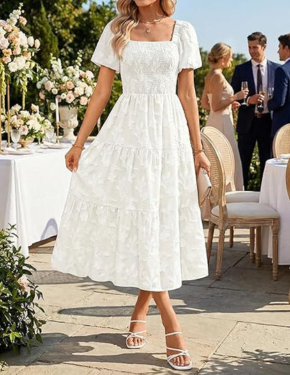 Women‘s Summer Boho Floral Midi Dress 2026 Casual Short Sleeve Square Neck Flowy Beach Vacation Long Dress