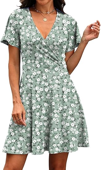 Womens Casual Dresses Wrap V Neck Dress A-Line Ruffle Sleeve Summer Sundress Fashion 2026