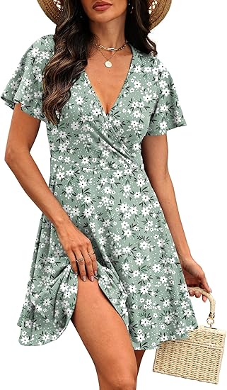 Womens Casual Dresses Wrap V Neck Dress A-Line Ruffle Sleeve Summer Sundress Fashion 2026