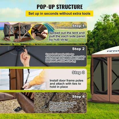 12 * 12ft 6 Sided Pop-up Canopy Shelter Tent with Mesh Windows, Portable Carry Bag, Stakes, Large Shade Tents for Outdoor Camping, Lawn and Backyard, Brown/Beige