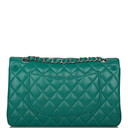 Chanel Shiny Green Quilted Caviar Medium Classic Double Flap Bag Silver Hardware