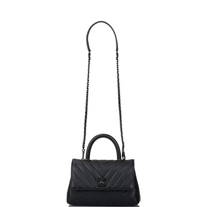 Chanel SO Black Chevron Caviar Mini Coco Handle Flap Bag Black Hardware