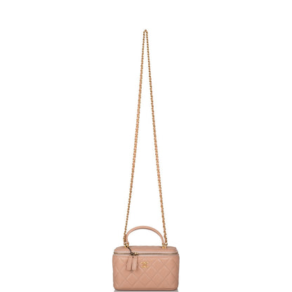 Chanel Beige Quilted Lambskin Small Top Handle Vanity Bag Antique Gold Hardware