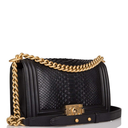 Pre-owned Chanel Black Python Medium Boy Bag Antique Gold Hardware