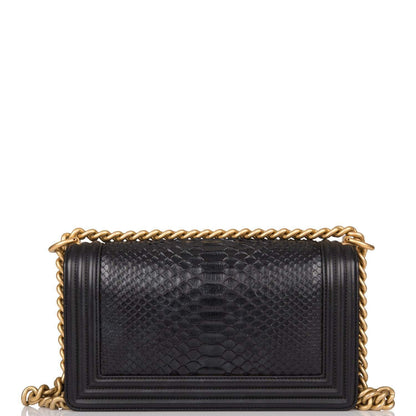 Pre-owned Chanel Black Python Medium Boy Bag Antique Gold Hardware