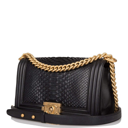 Pre-owned Chanel Black Python Medium Boy Bag Antique Gold Hardware