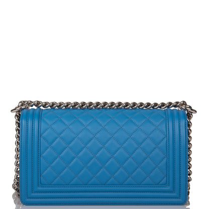 Chanel Medium Boy Bag Blue Calfskin Silver Hardware