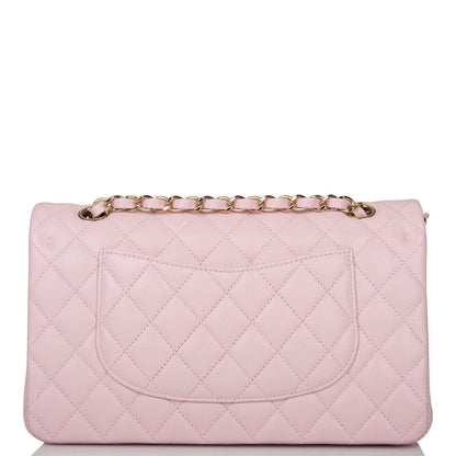 Chanel Rose Clair Quilted Caviar Medium Classic Double Flap Bag Light Gold Hardware